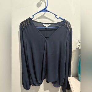 Charming Charlie Navy Blouse with Shoulder Embellishments